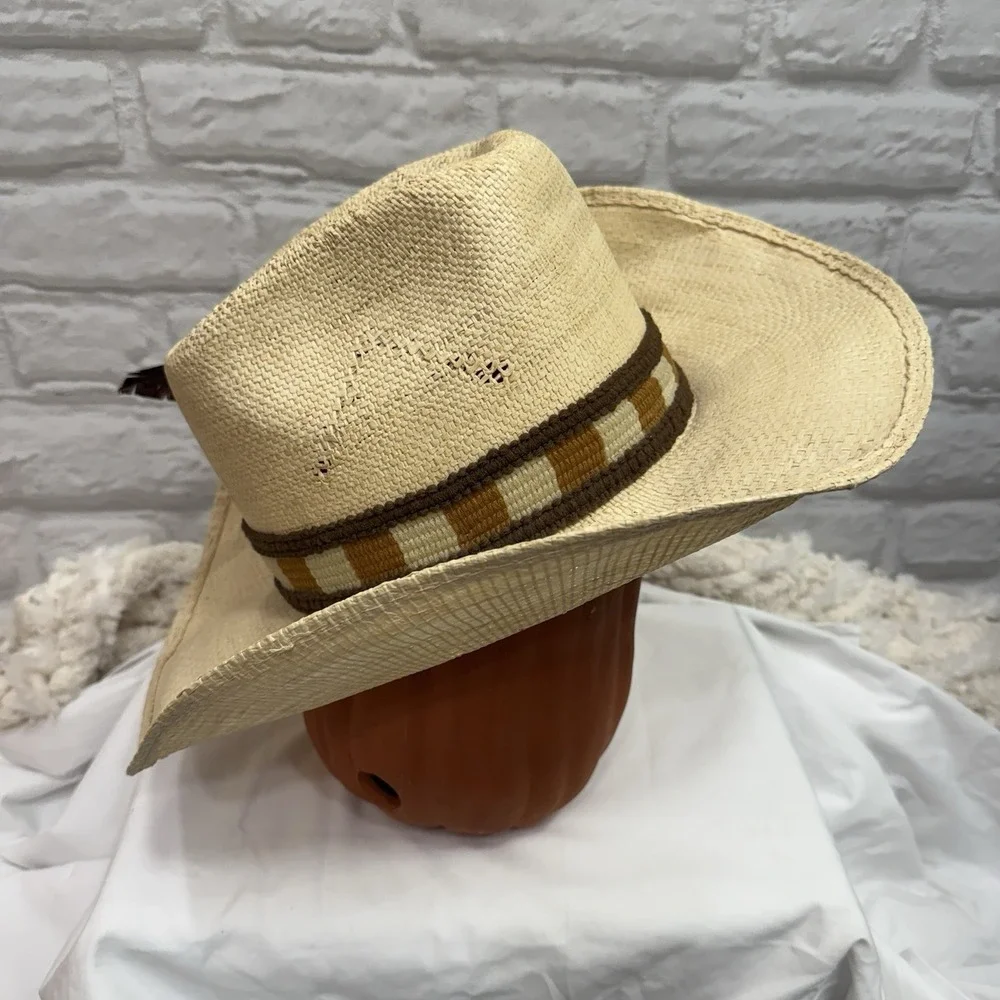 Rodeo Straw Cowboy Hat Brown Band‎ & Feather Size 7 1/4 Western Wear Ranch King